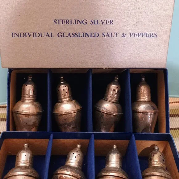 Vintage 8 glass lined Sterling Silver Salt and Pepper Shakers